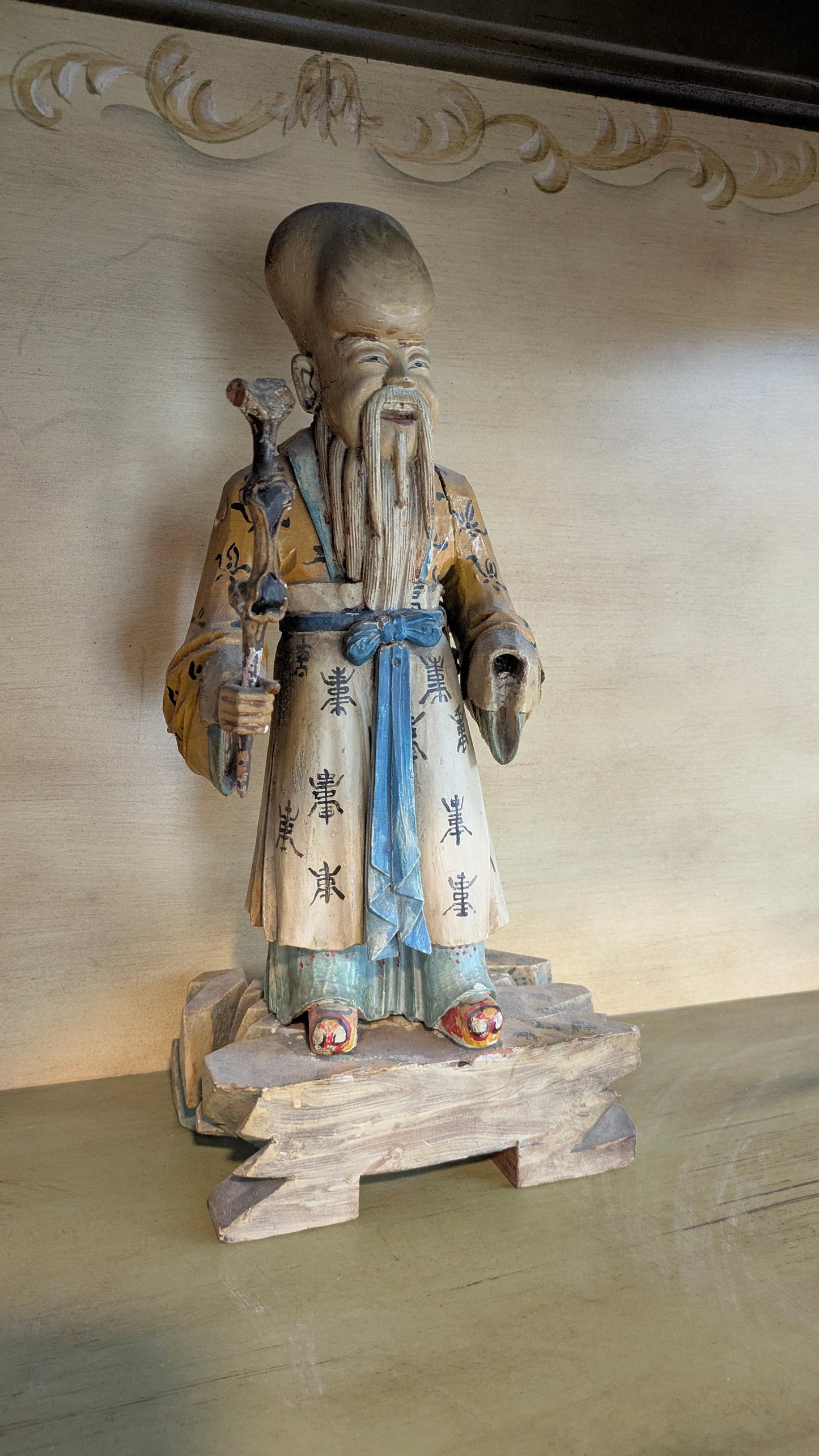 Antique Chinese Hand-Carved Statue of Shou Lao