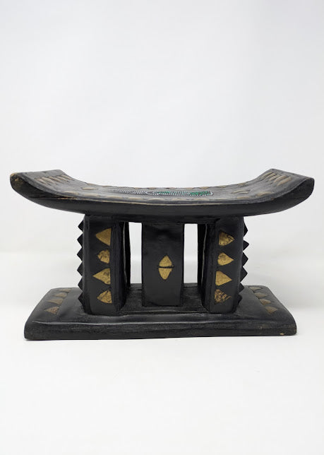 Handcrafted African Ashanti Wood Stool/Headrest with Brass & Bead Inlay
