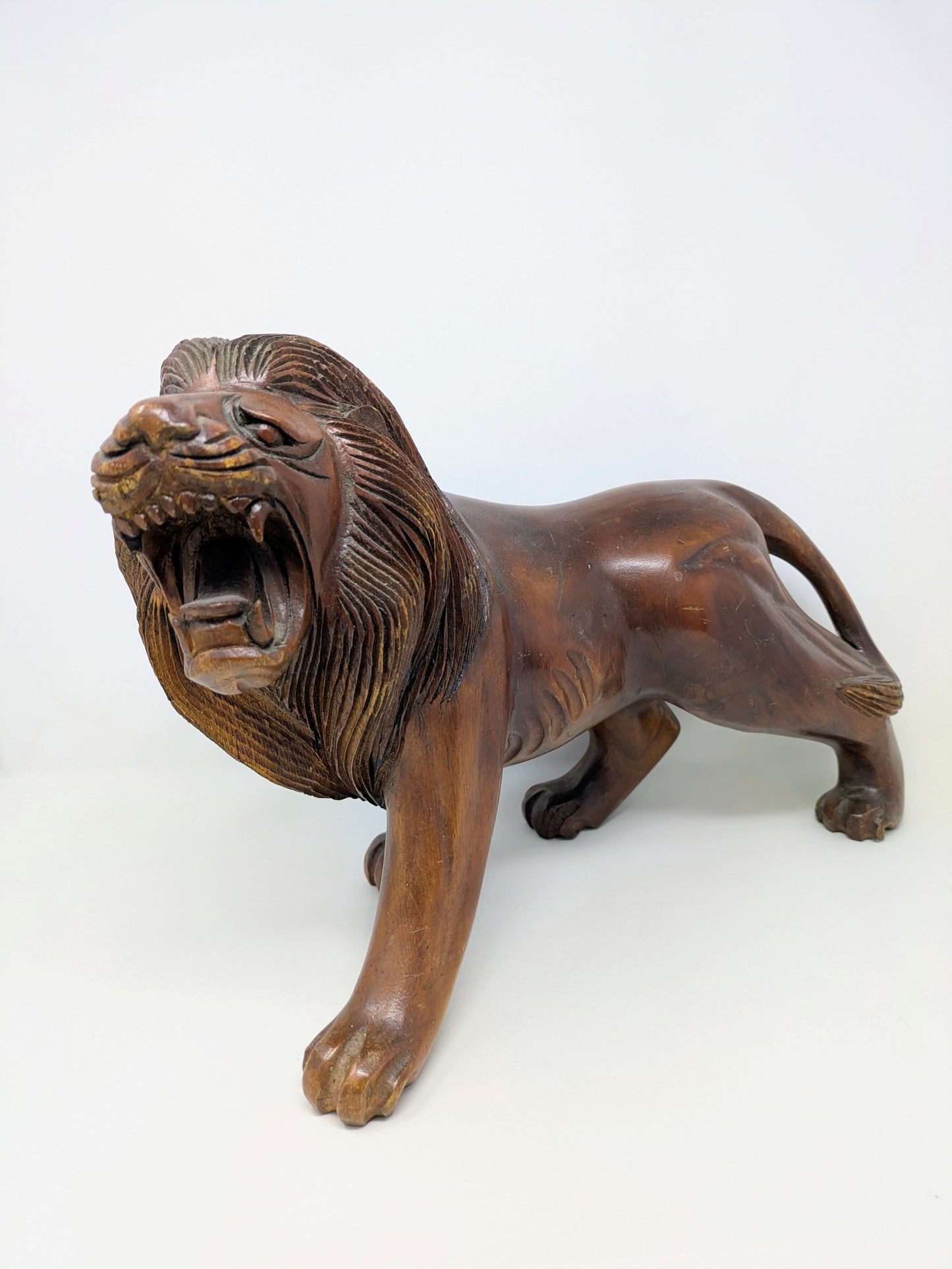 Vintage 19" Hand-Carved Roaring Lion Statue