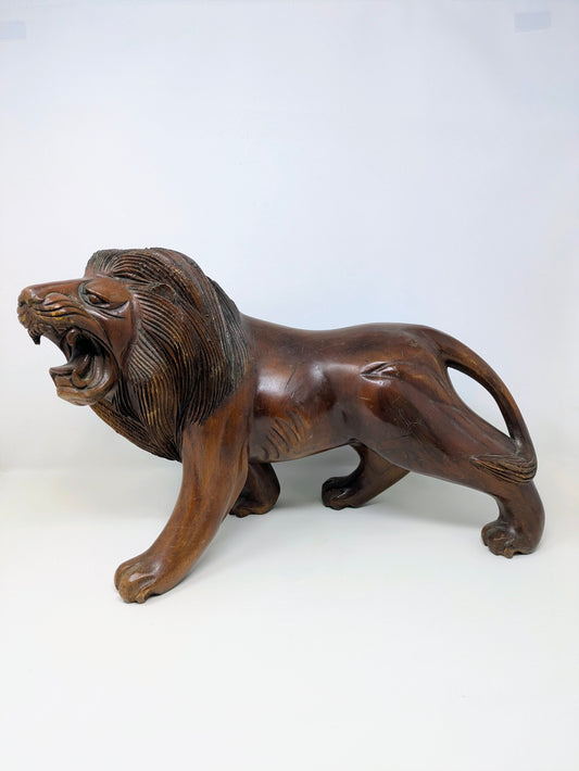 Vintage 19" Hand-Carved Roaring Lion Statue