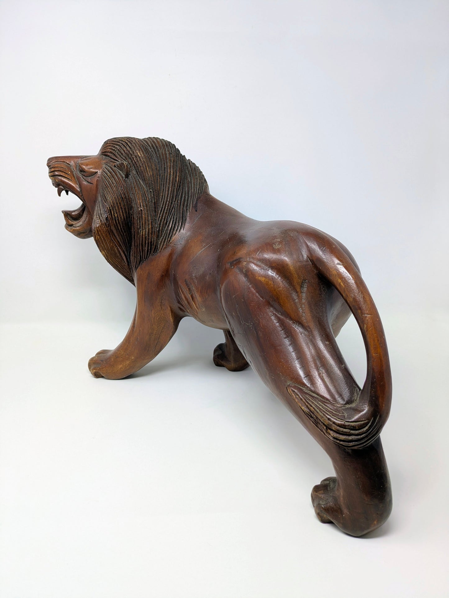 Vintage 19" Hand-Carved Roaring Lion Statue