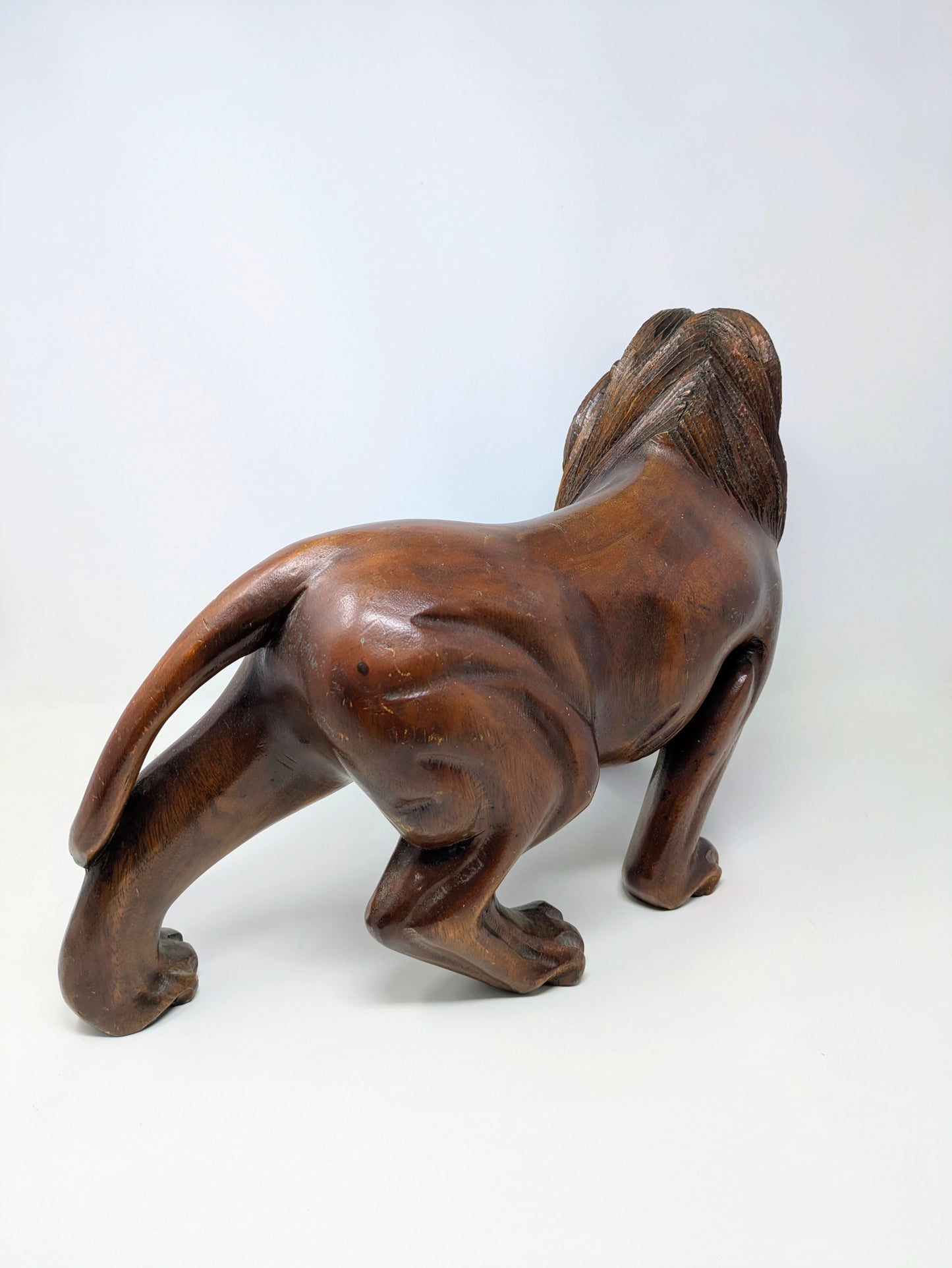 Vintage 19" Hand-Carved Roaring Lion Statue