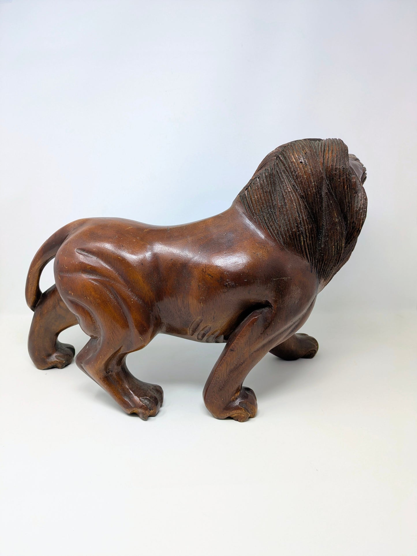 Vintage 19" Hand-Carved Roaring Lion Statue