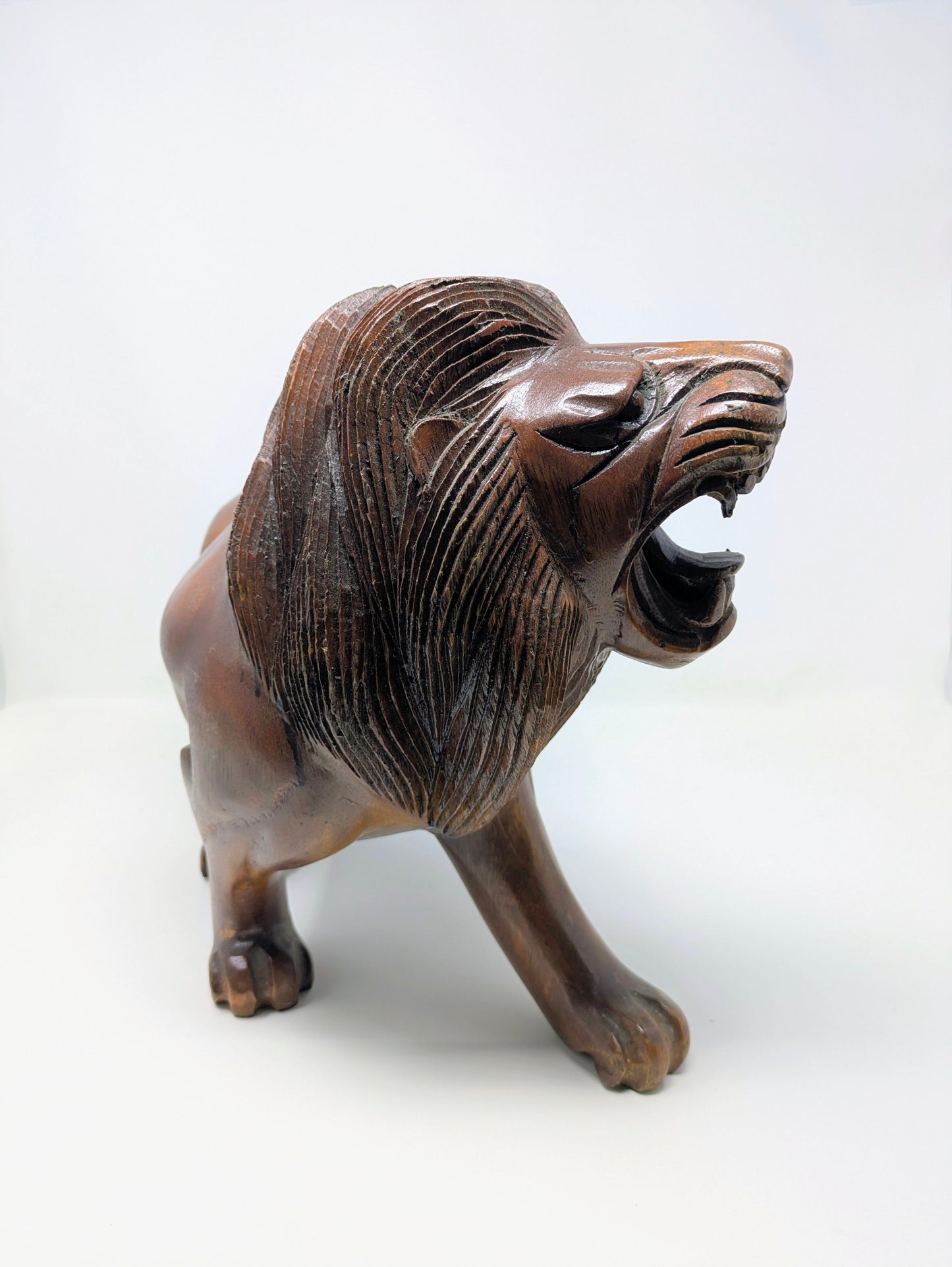 Vintage 19" Hand-Carved Roaring Lion Statue