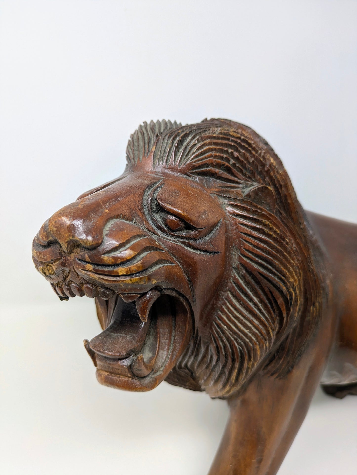 Vintage 19" Hand-Carved Roaring Lion Statue