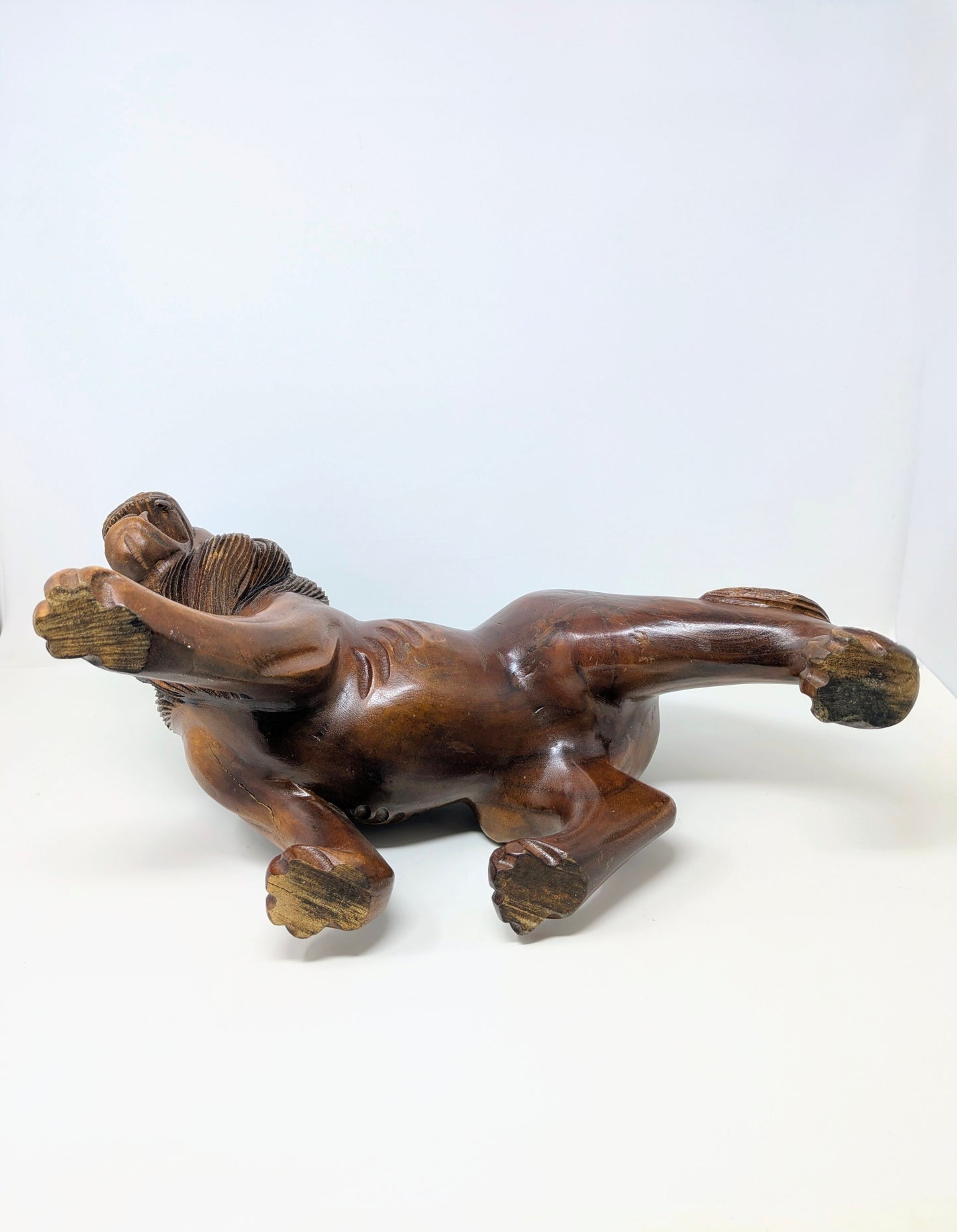 Vintage 19" Hand-Carved Roaring Lion Statue