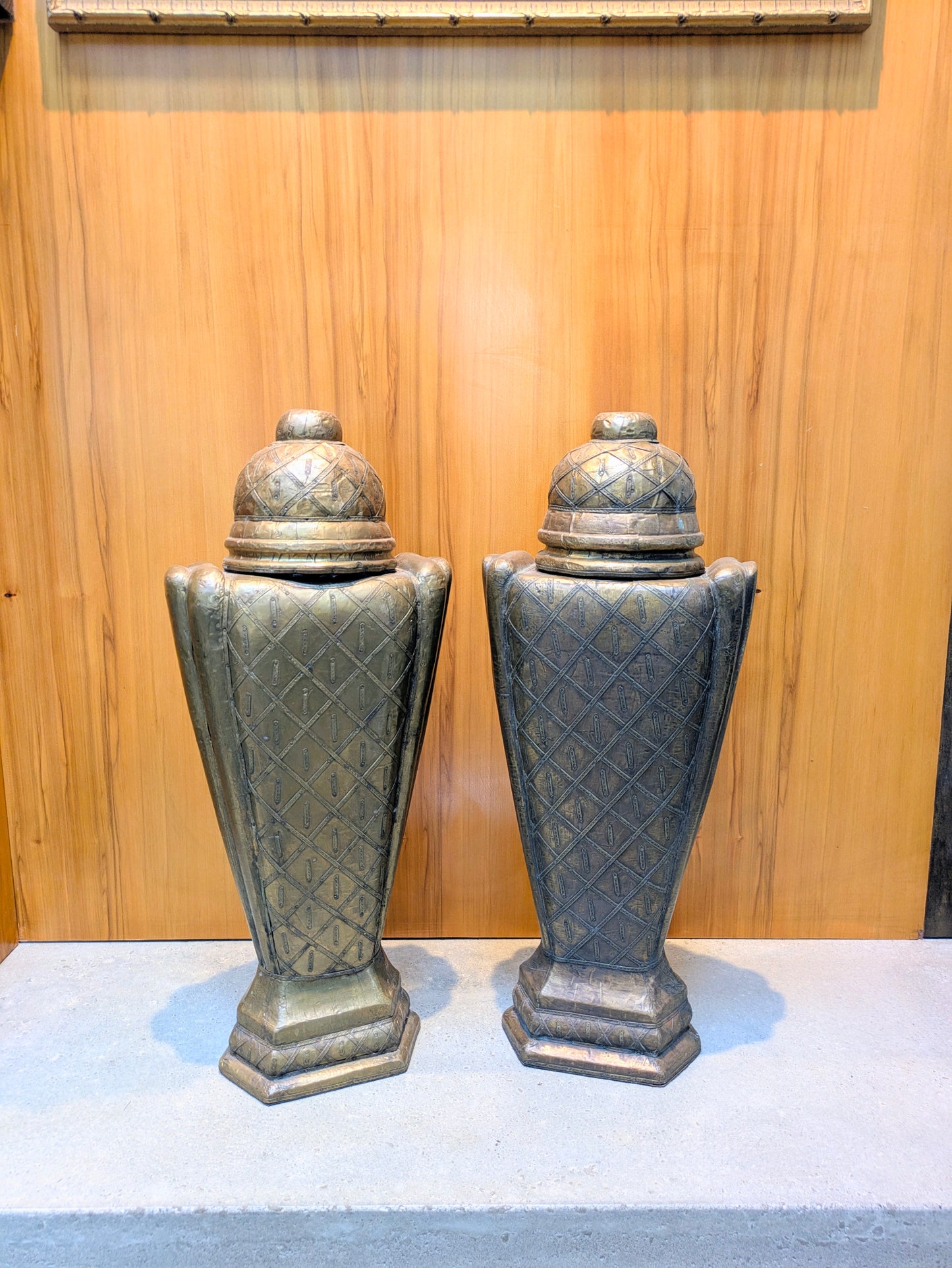 Vintage Middle Eastern Hammered Copper & Wood Urns