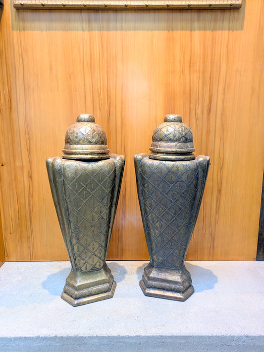 Vintage Middle Eastern Hammered Copper & Wood Urns