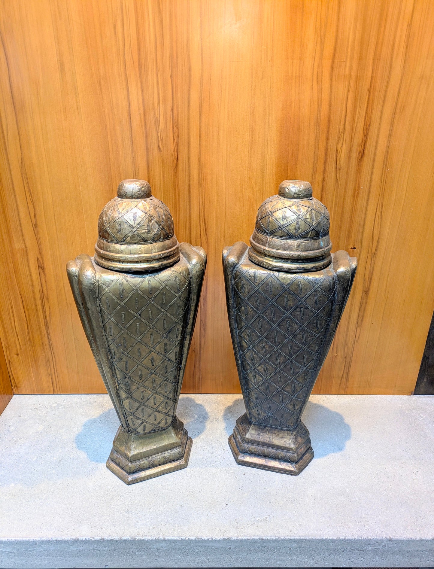 Vintage Middle Eastern Hammered Copper & Wood Urns