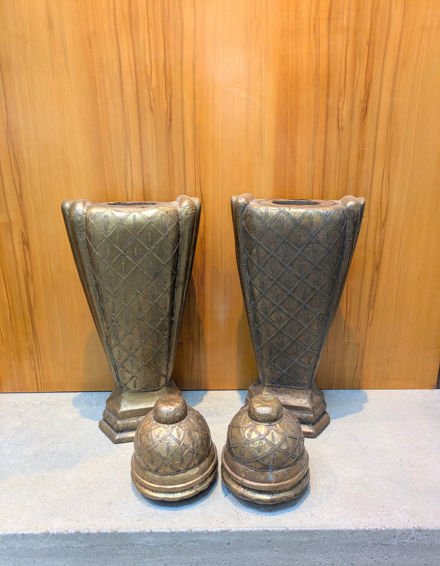 Vintage Middle Eastern Hammered Copper & Wood Urns