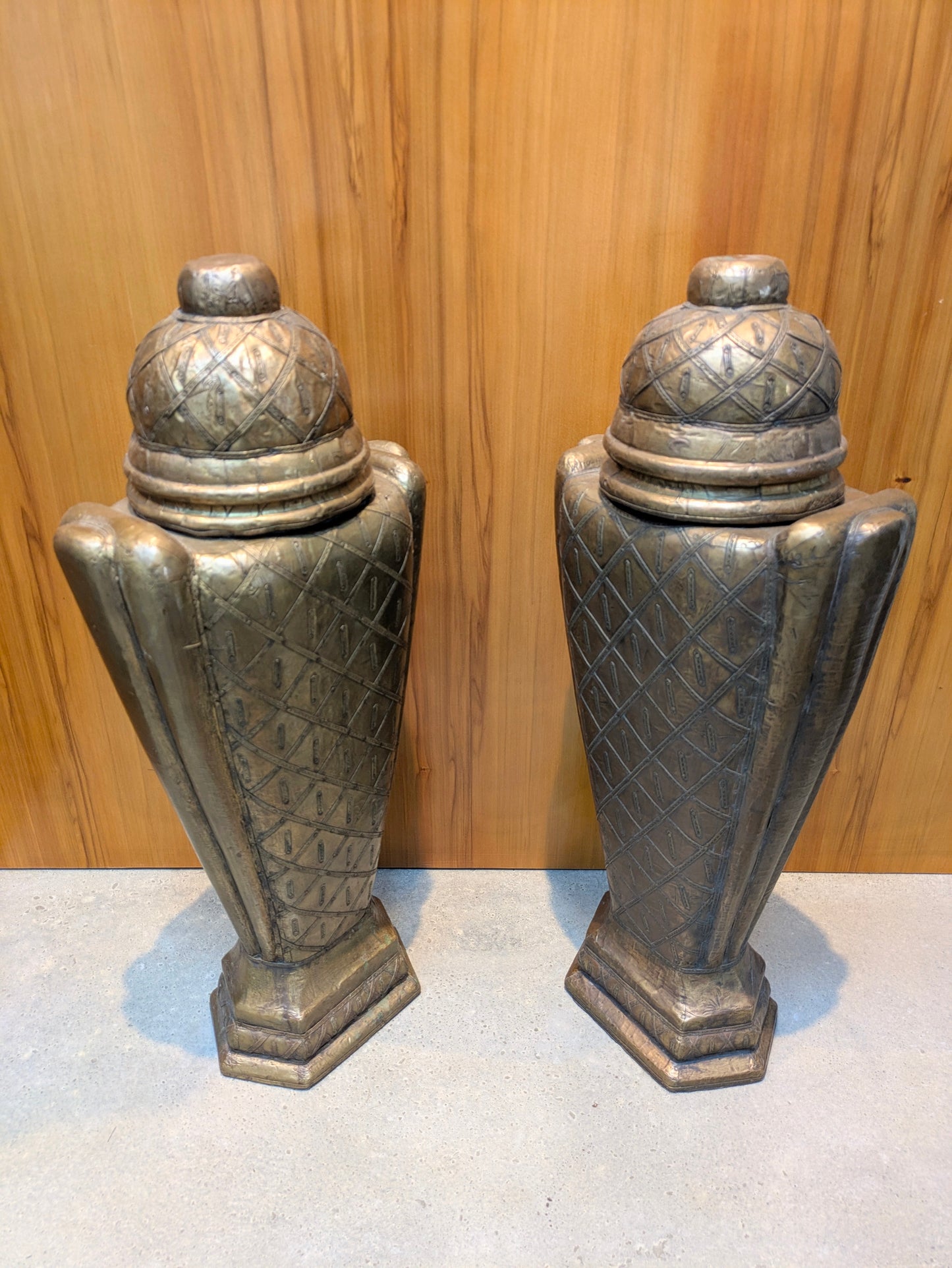 Vintage Middle Eastern Hammered Copper & Wood Urns