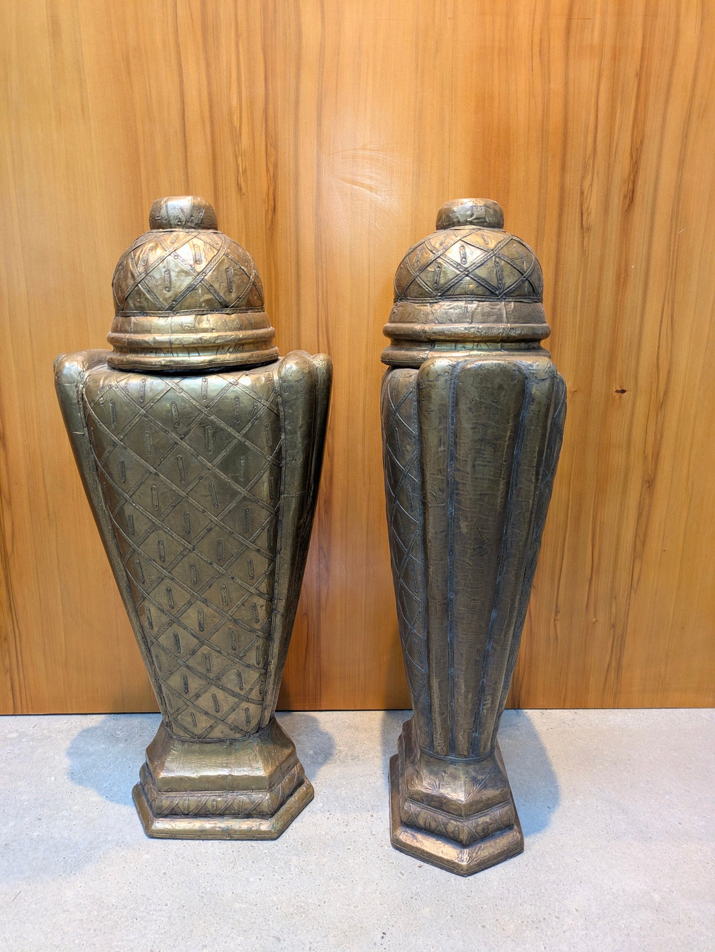 Vintage Middle Eastern Hammered Copper & Wood Urns
