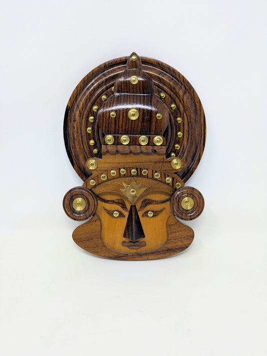 Vintage Wood & Brass Kathakali Folk Art Wall Hanging