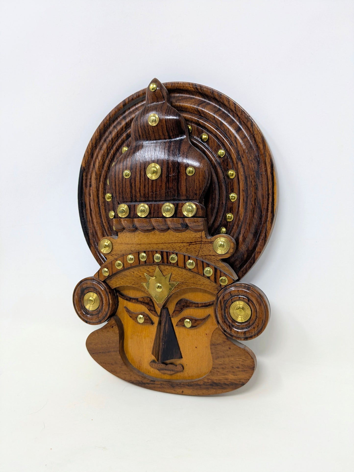 Vintage Wood & Brass Kathakali Folk Art Wall Hanging