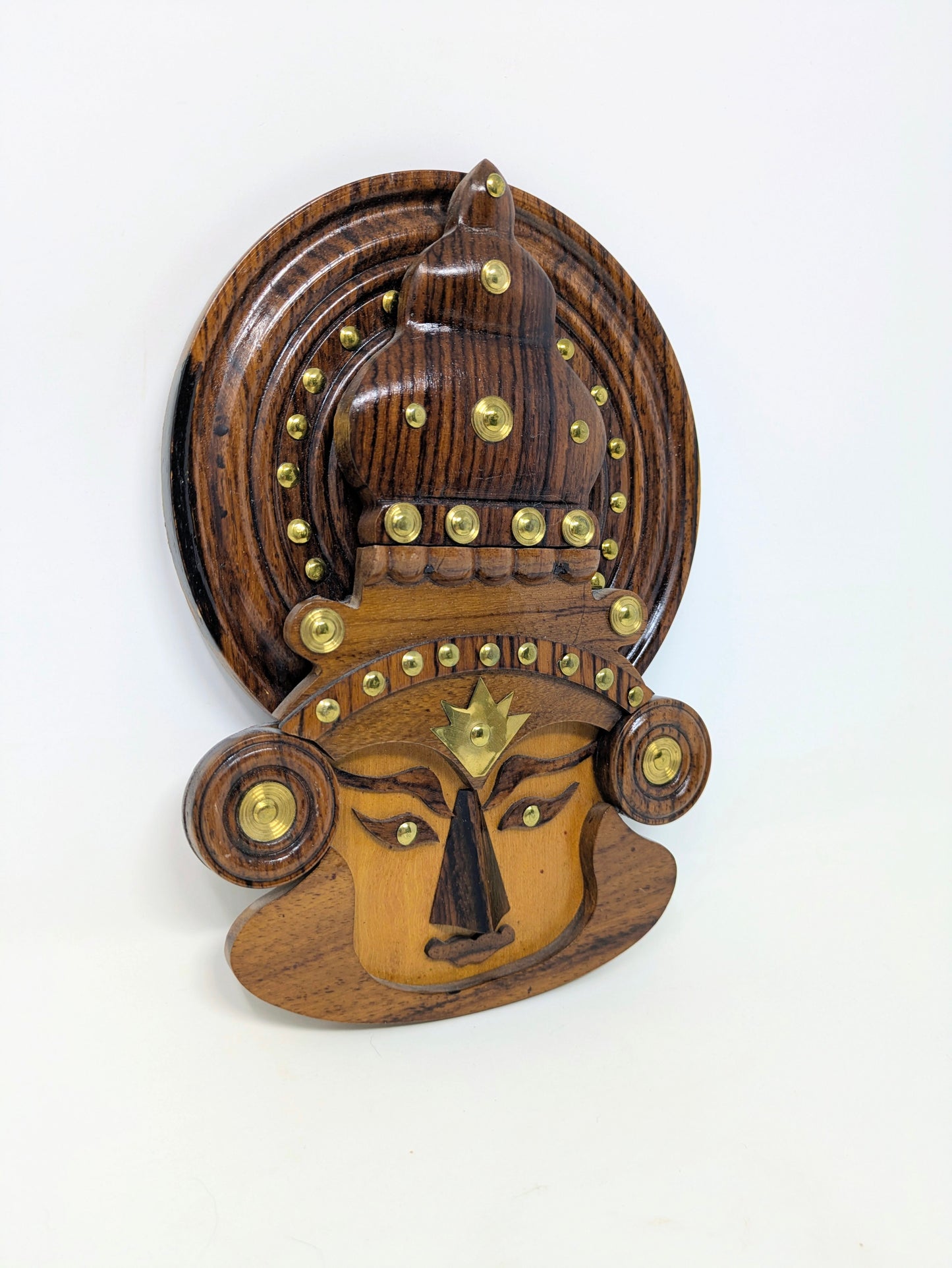 Vintage Wood & Brass Kathakali Folk Art Wall Hanging