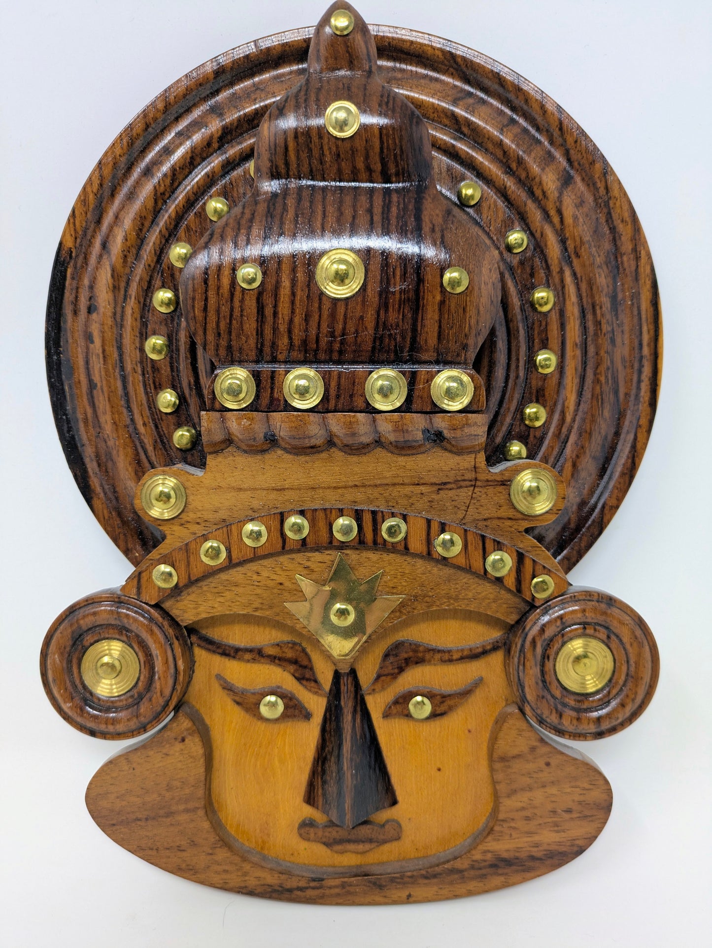 Vintage Wood & Brass Kathakali Folk Art Wall Hanging