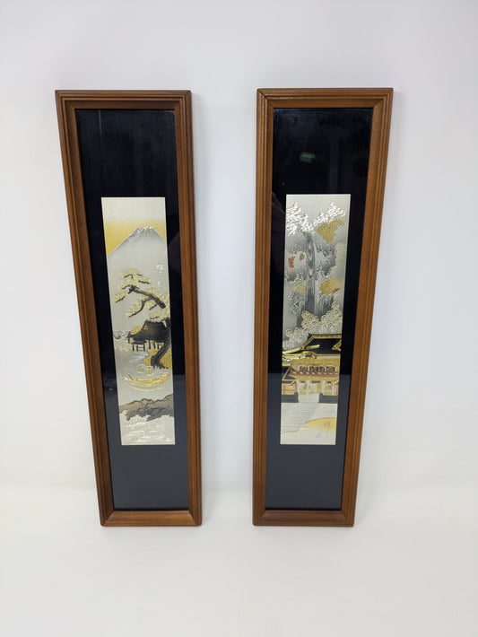 Vintage Japanese Engraved Metal Chokin Wall Art (pair)