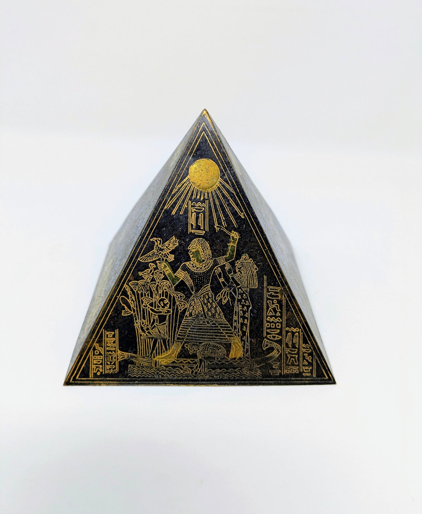 Egyptian Revival Engraved Brass Pyramid Paperweight