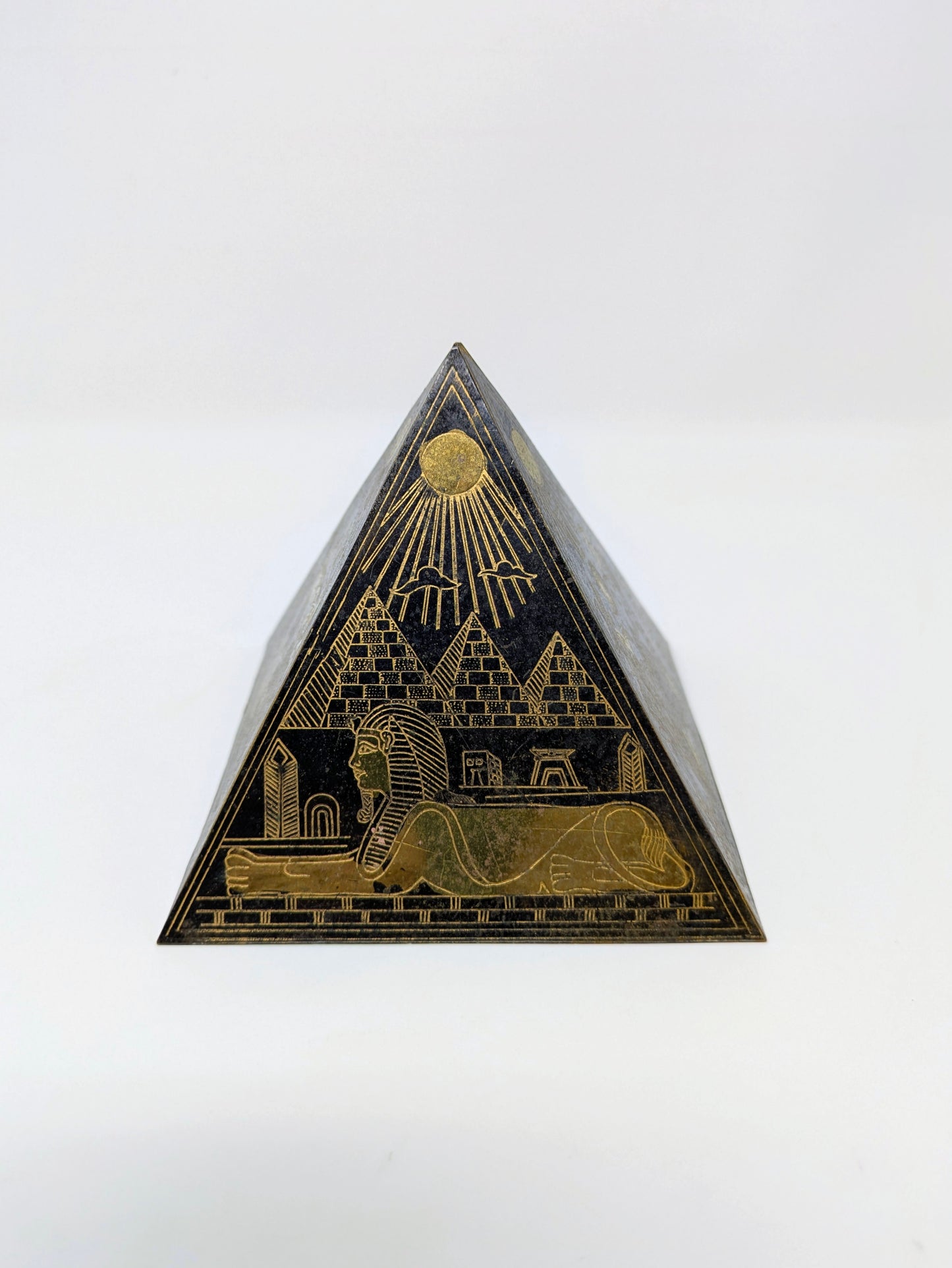 Egyptian Revival Engraved Brass Pyramid Paperweight