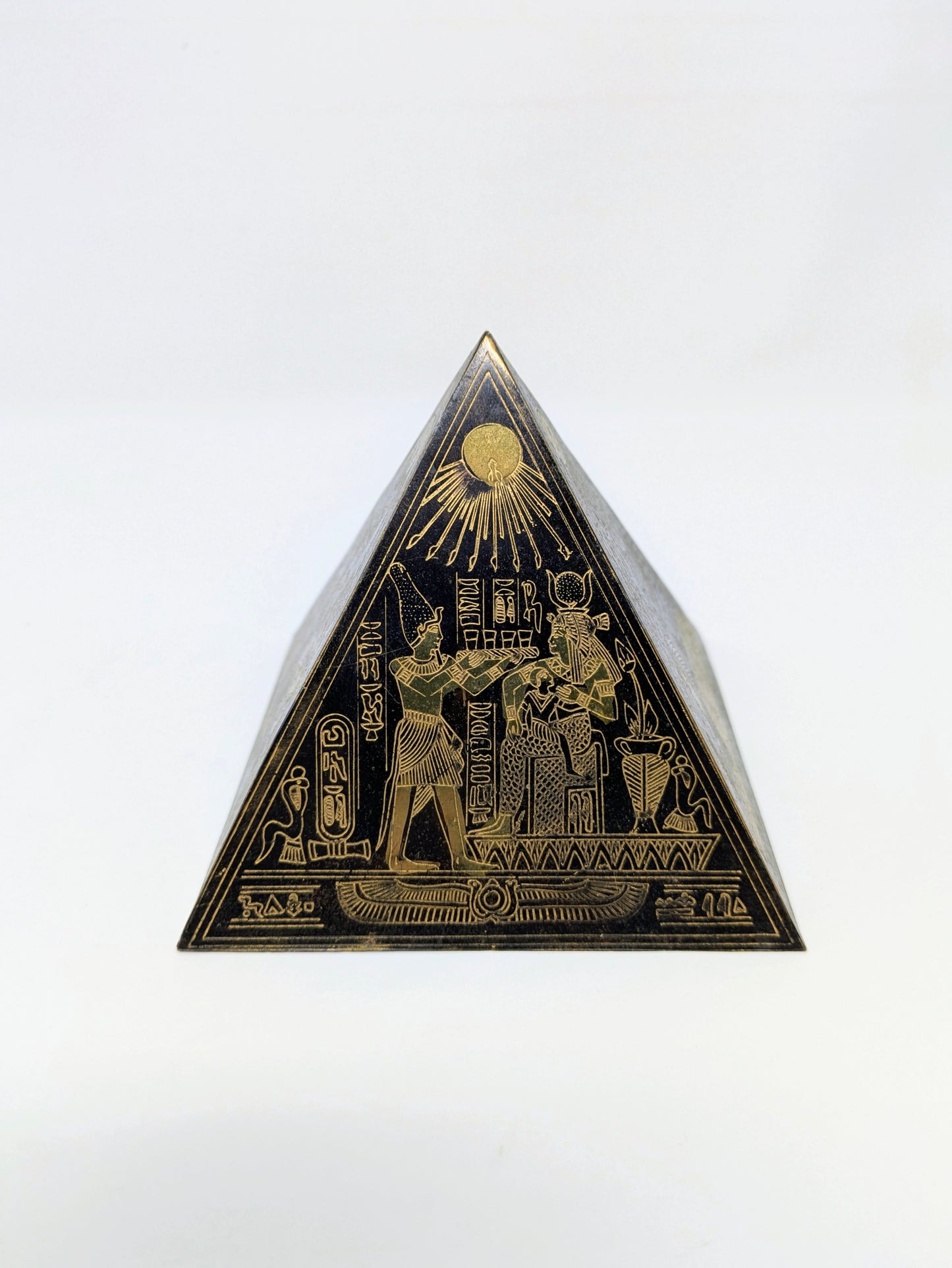 Egyptian Revival Engraved Brass Pyramid Paperweight
