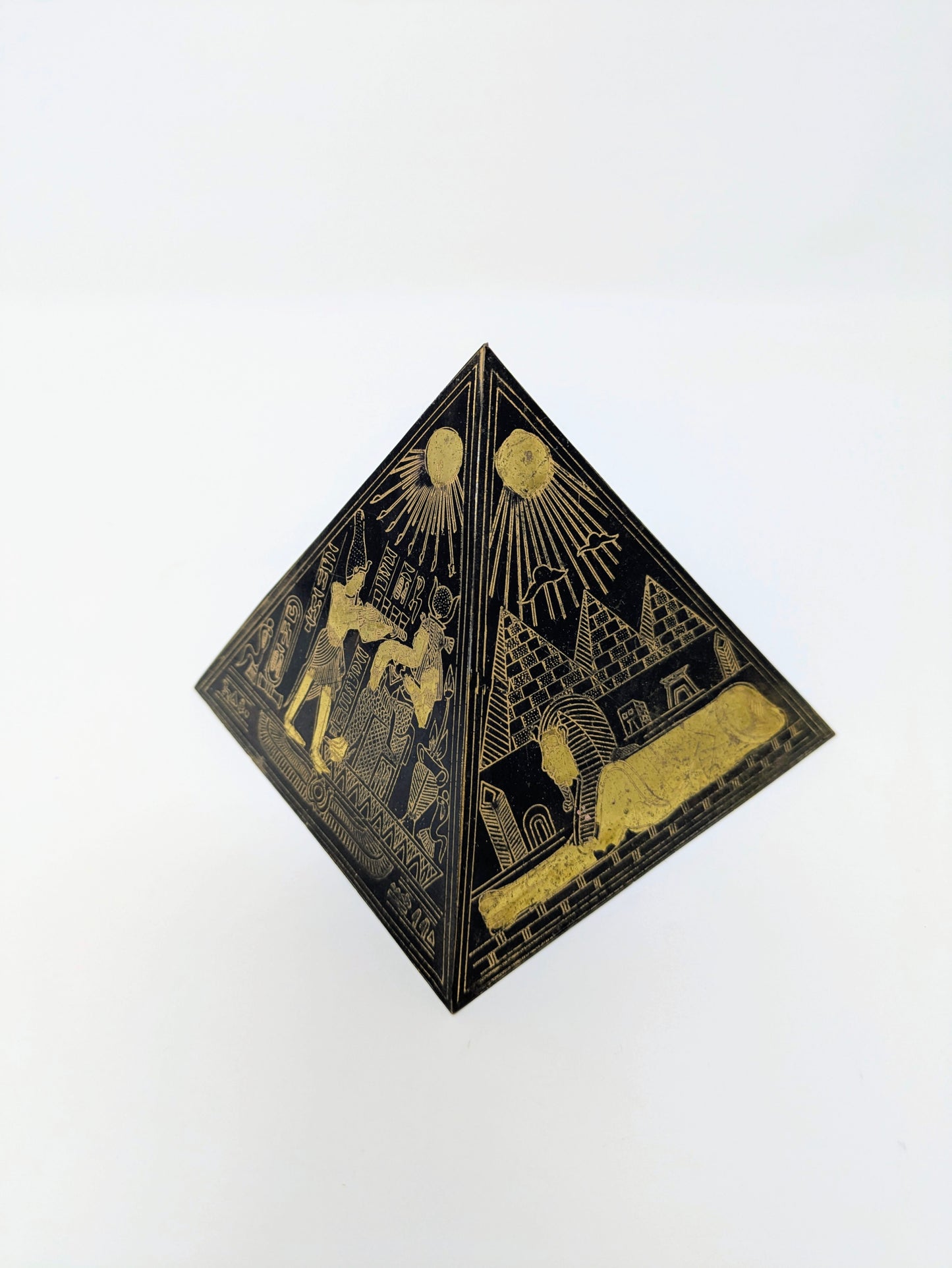 Egyptian Revival Engraved Brass Pyramid Paperweight