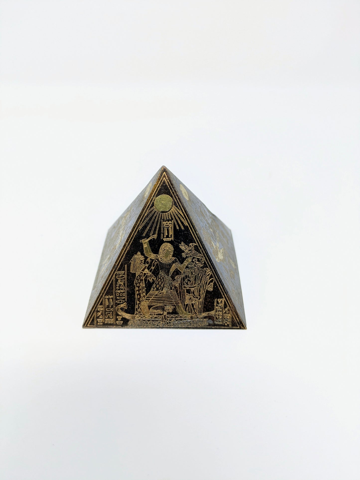 Egyptian Revival Engraved Brass Pyramid Paperweight
