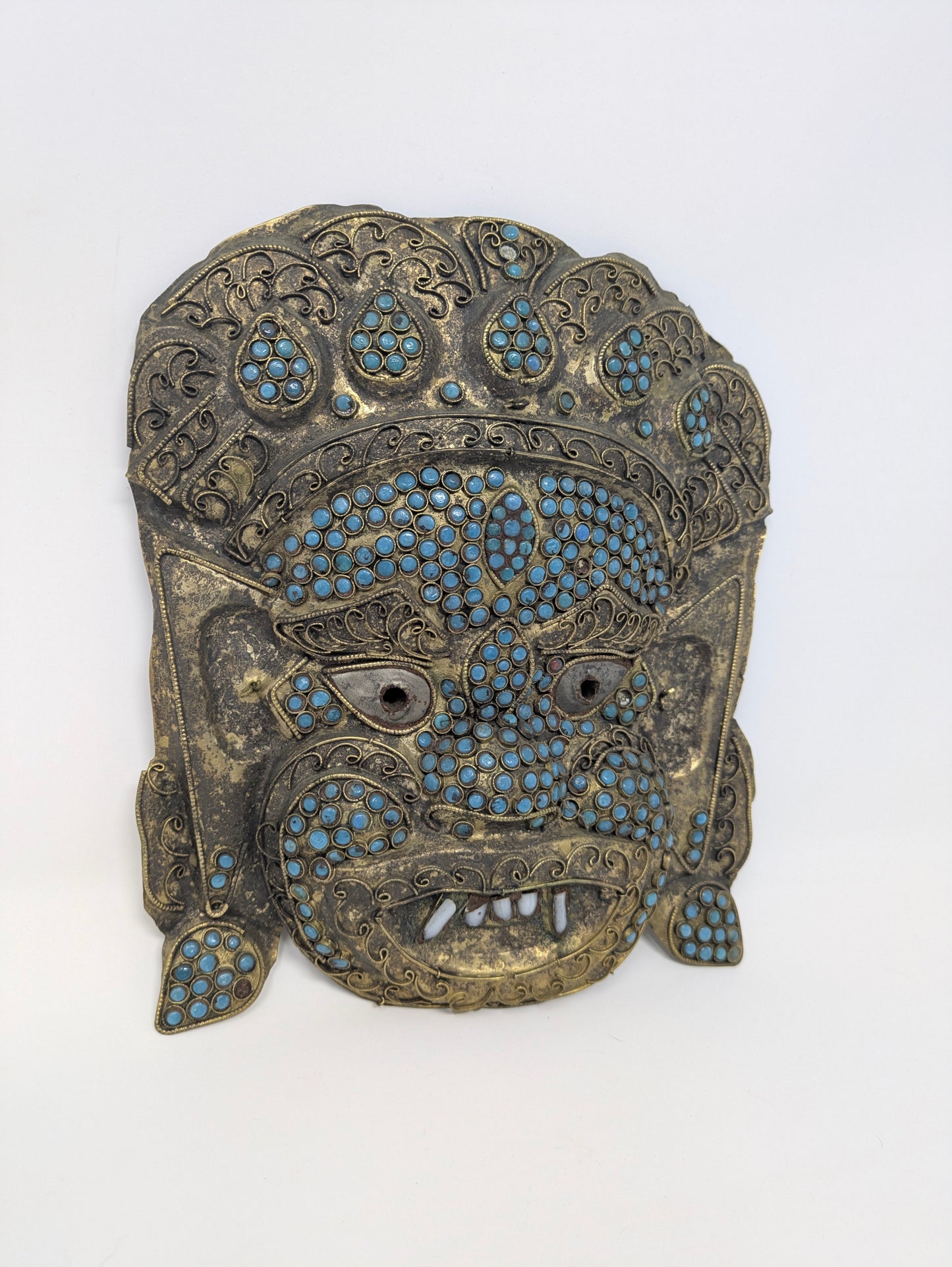 19th Century Nepalese Copper & Turquoise Mahakala Mask