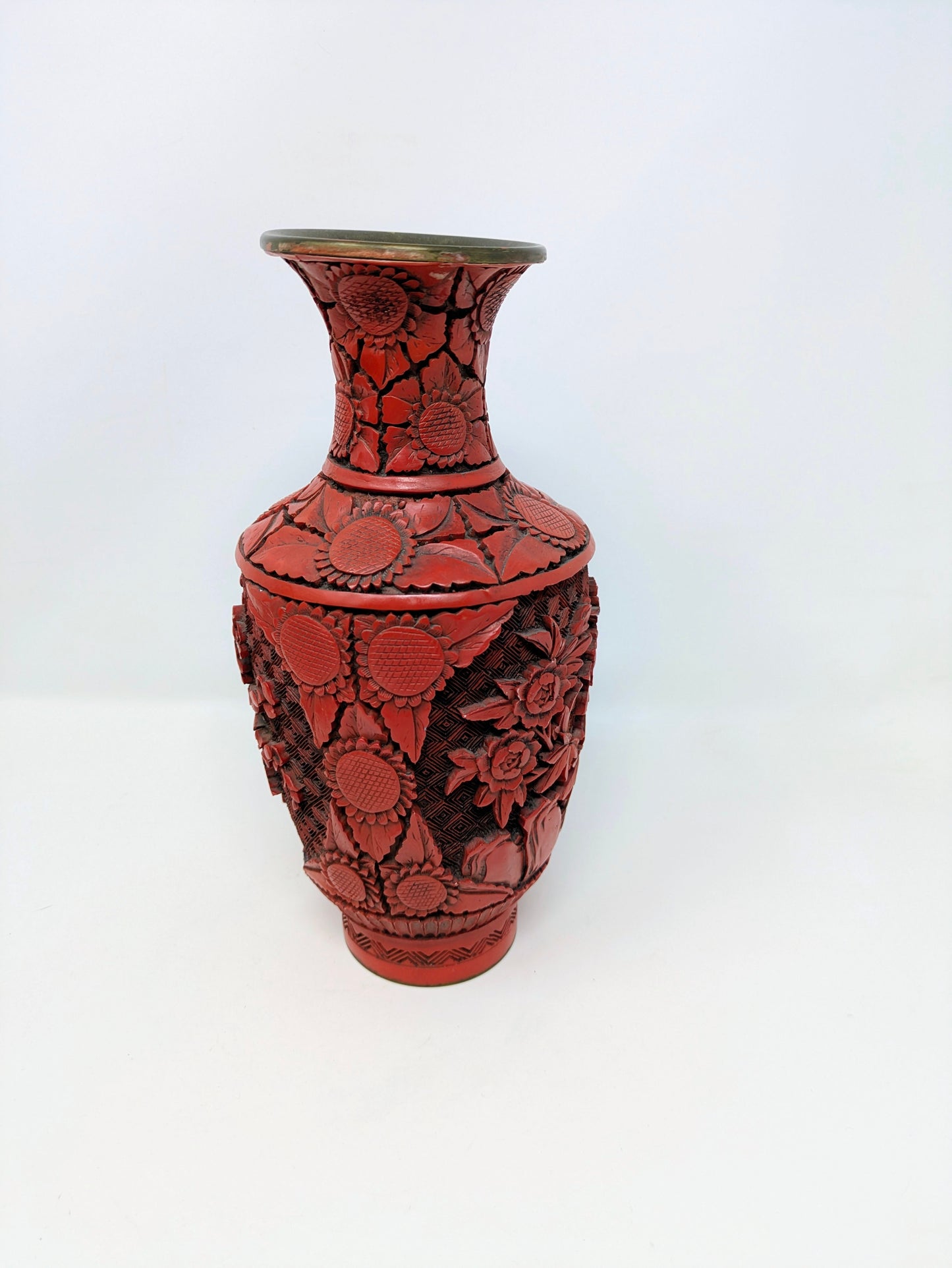 Vintage Chinese Red Cinnabar Lacquer & Brass Vase