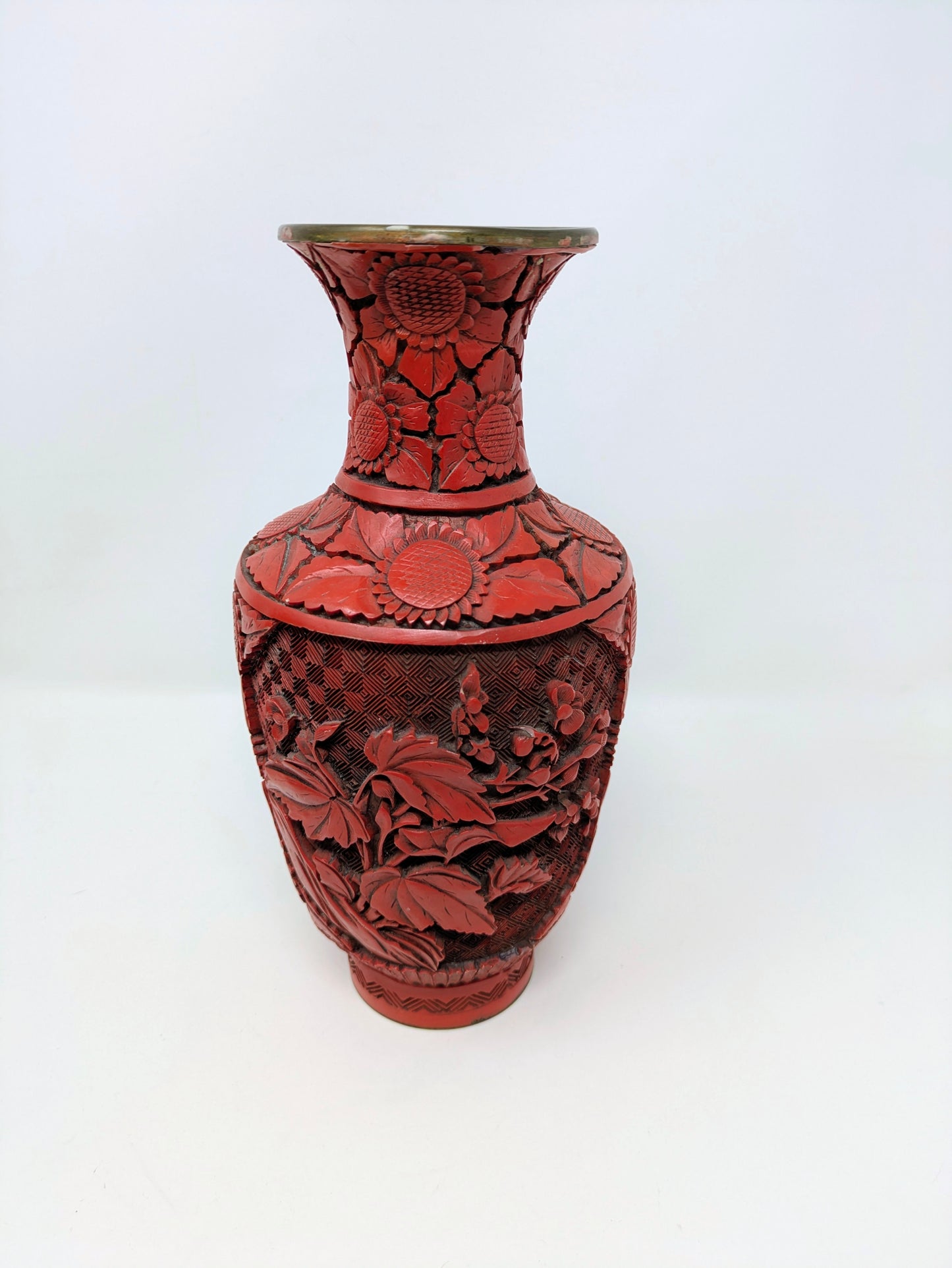 Vintage Chinese Red Cinnabar Lacquer & Brass Vase