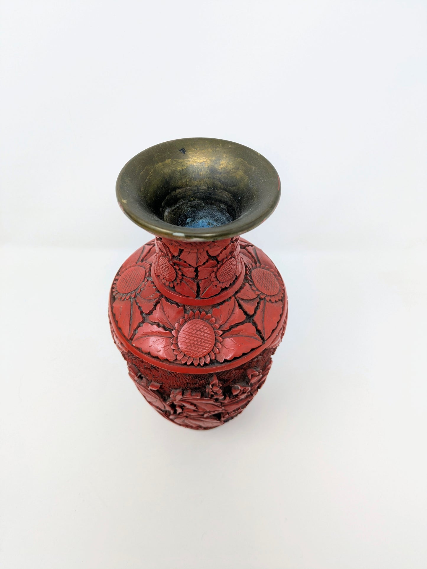 Vintage Chinese Red Cinnabar Lacquer & Brass Vase
