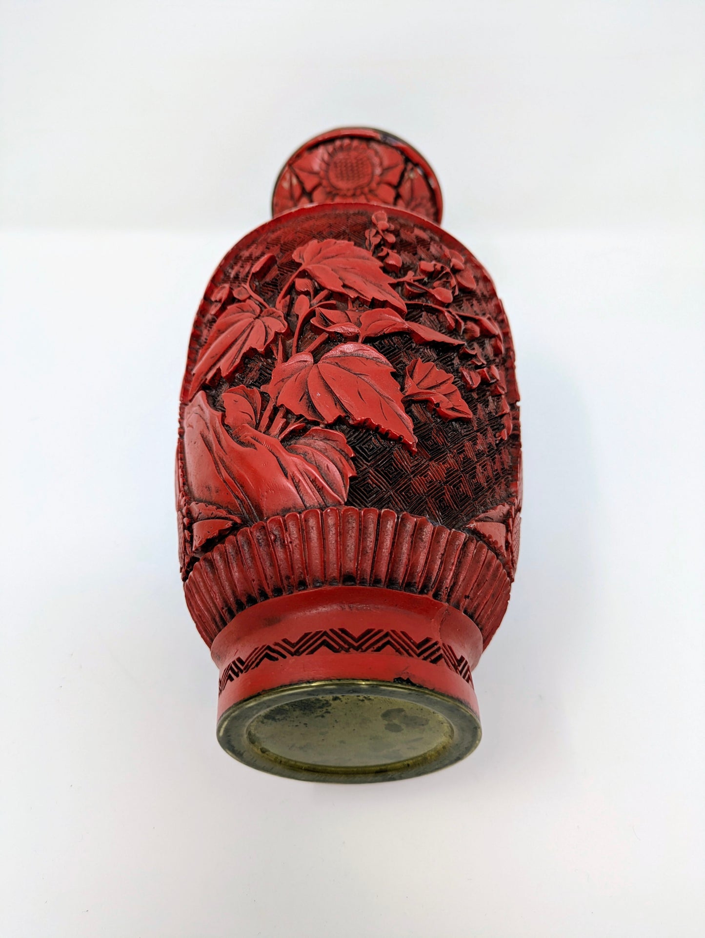 Vintage Chinese Red Cinnabar Lacquer & Brass Vase