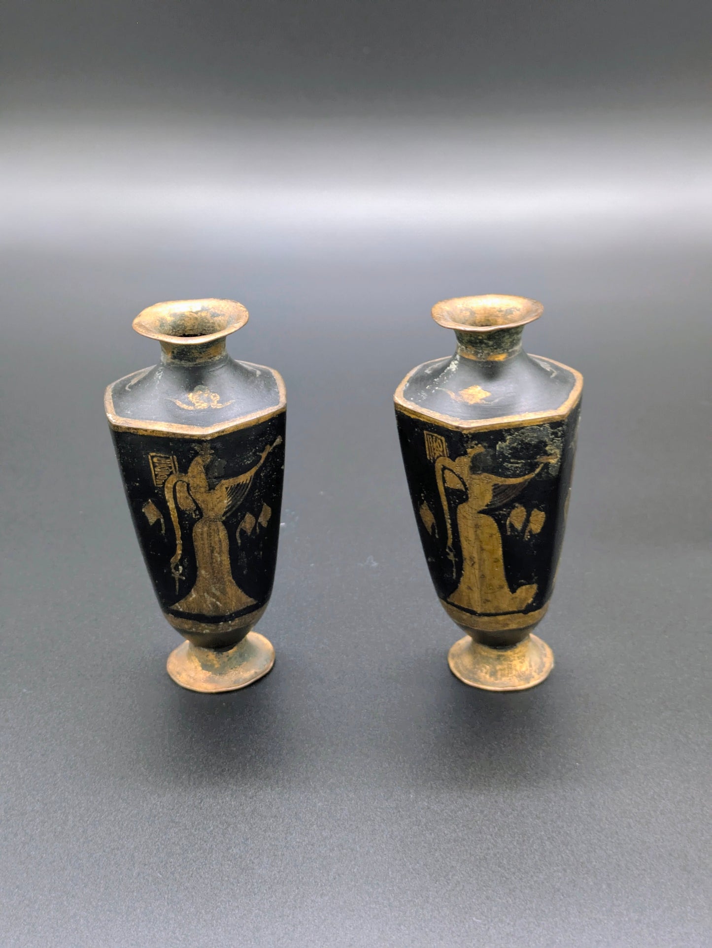 1930s Japanese Made Egyptian Revival Damascene Vases