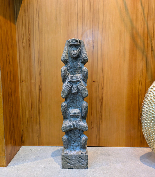 Vintage Korean Carved-Stone Statue: 3 Wise Monkeys