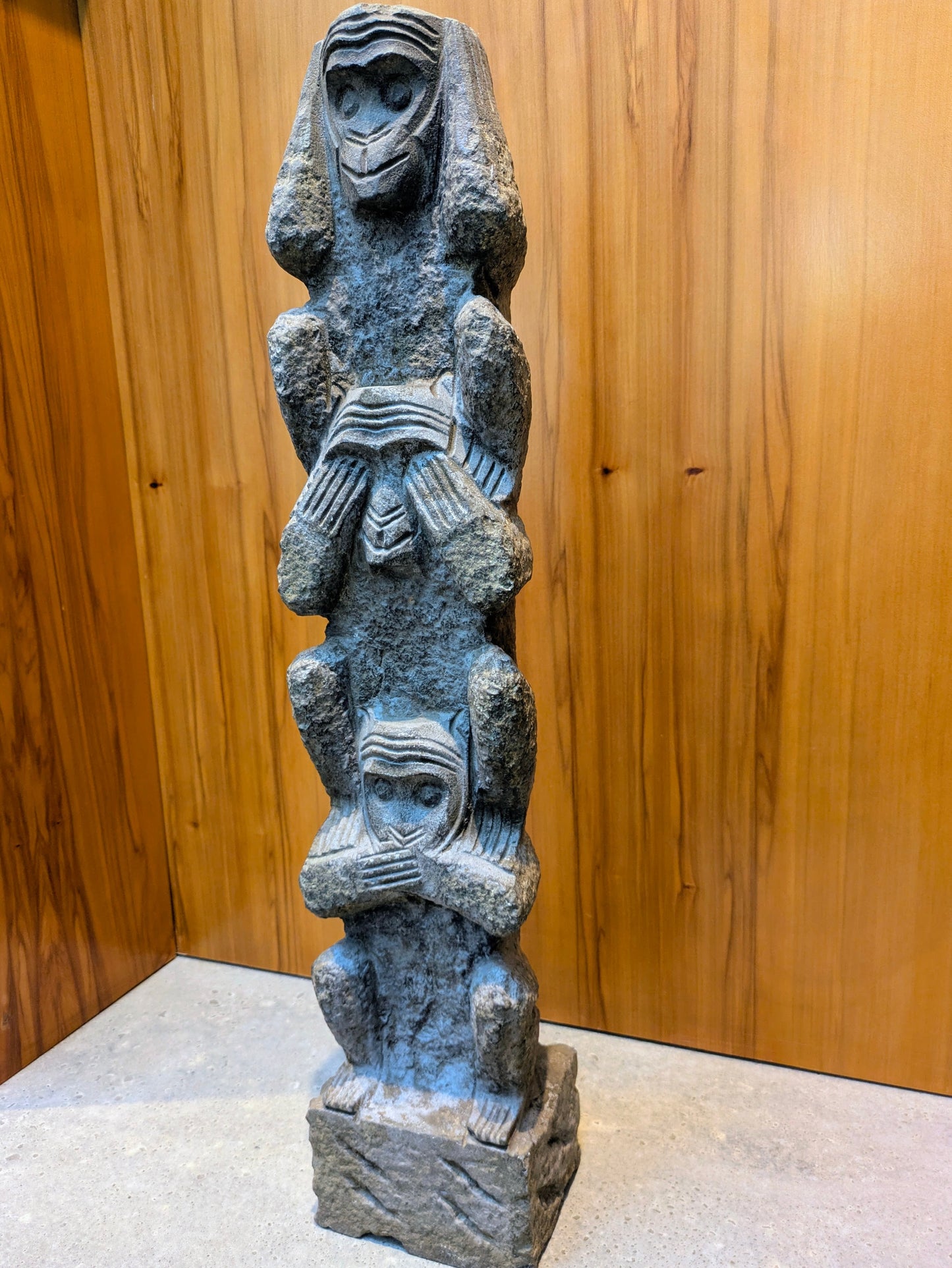 Vintage Korean Carved-Stone Statue: 3 Wise Monkeys