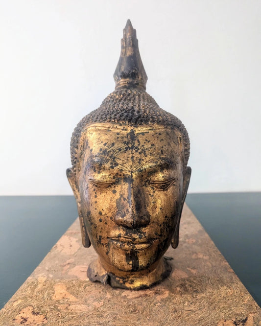 RARE 20th Century Thai U-Thong Style Bronze Gilt Buddha Head