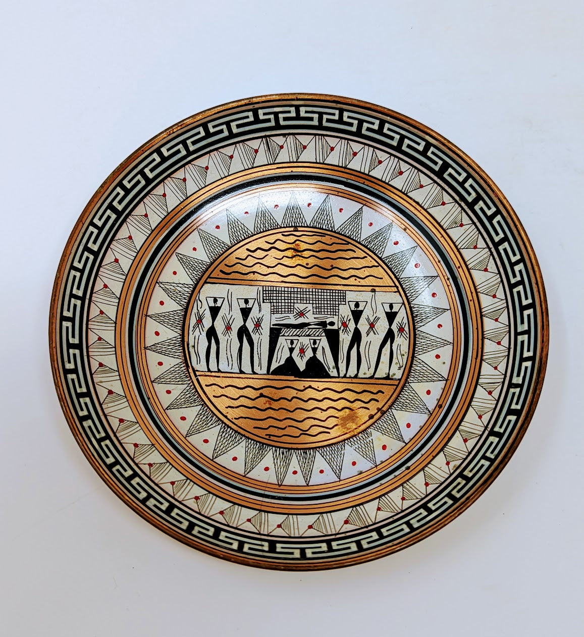 Vintage Artisan Minoan Pressed Copper & Enamel Shallow Bowl