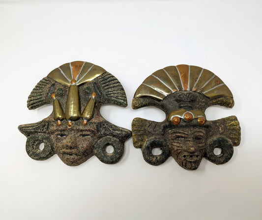 2 Vintage Terracotta & Brass Mayan Maize God Masks