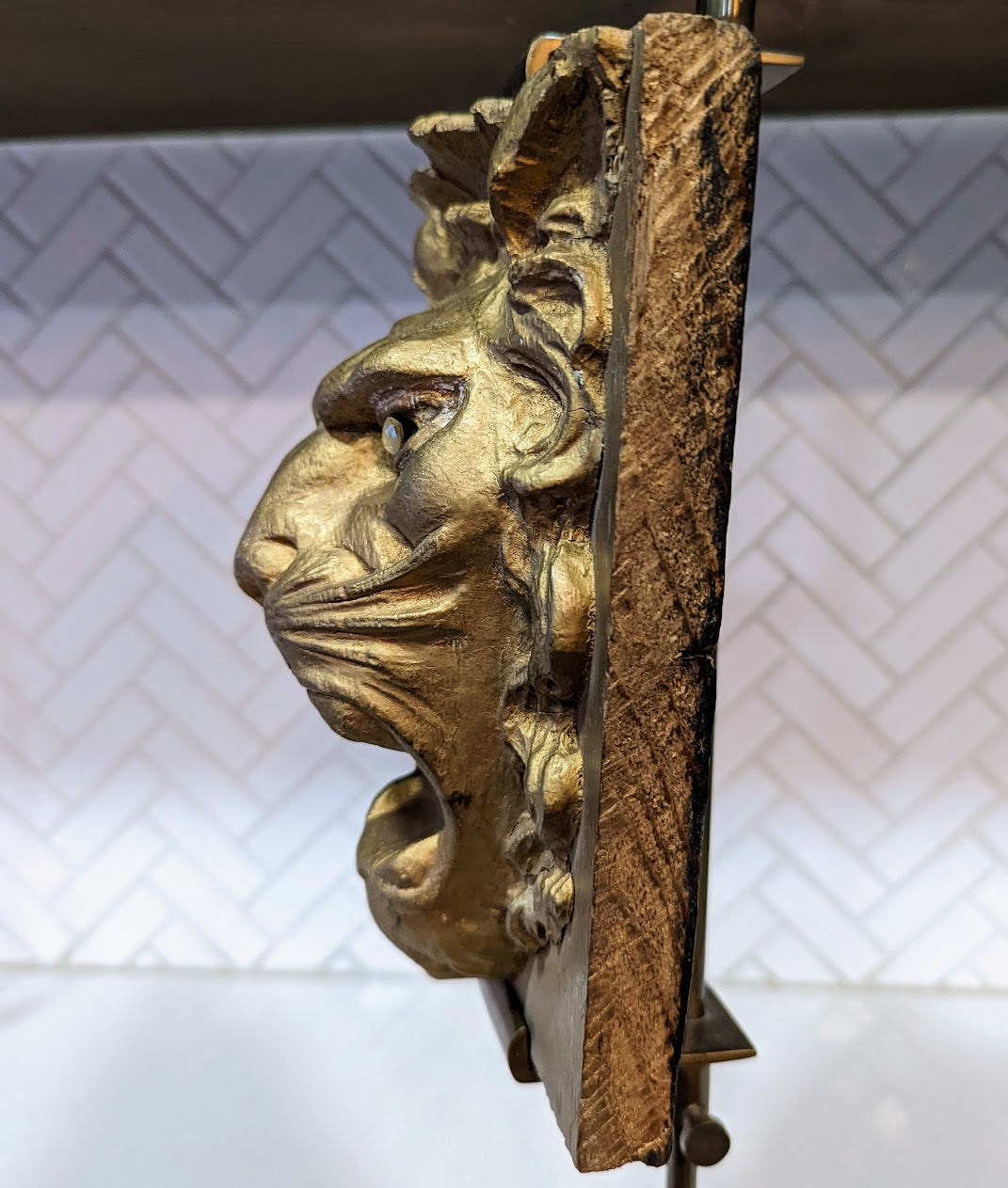 Antique Golden Lion Keystone Sculpture with Opal Glass Eyes