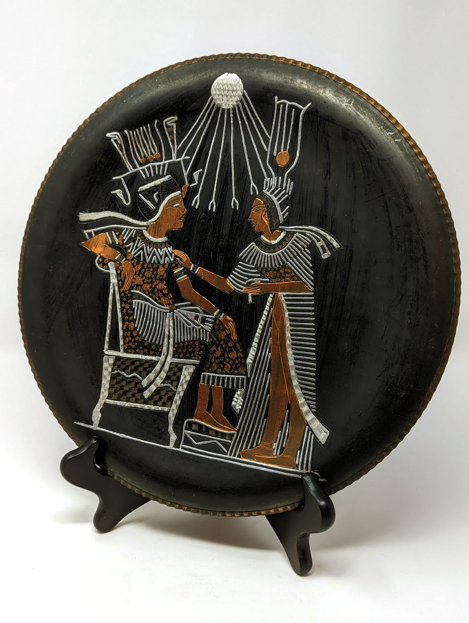 1960s Hammered & Etched Copper Plate with Ancient Egyptian Motif
