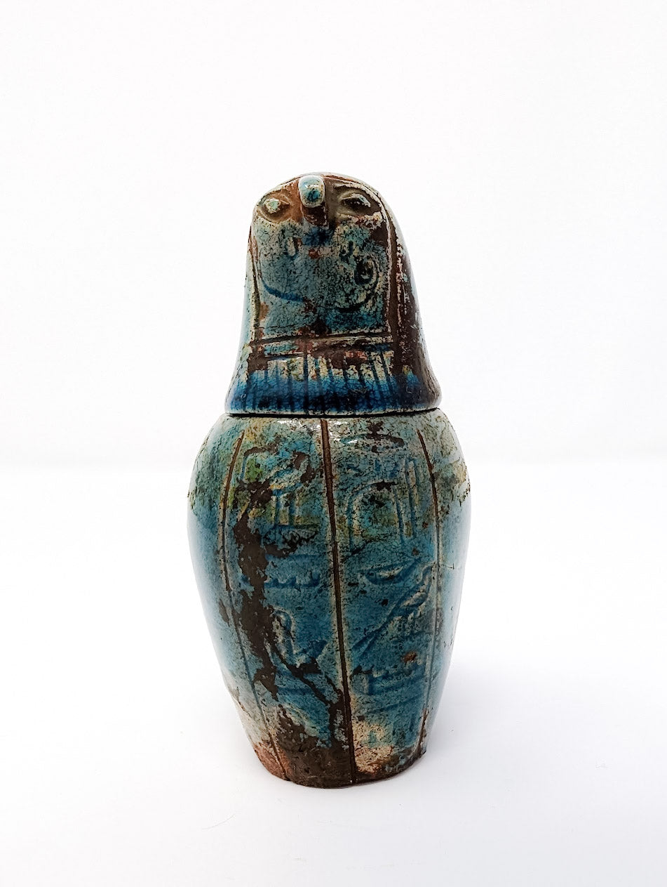Antique Egyptian Faience Blue Canopic Jar | Horus (c. 664-332 B.C.)