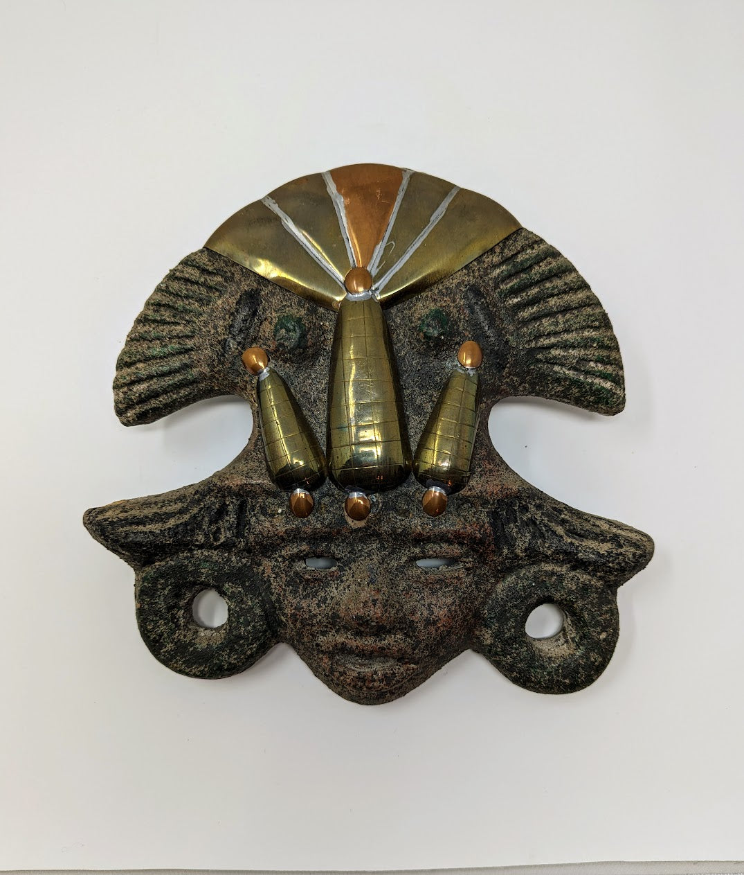 2 Vintage Terracotta & Brass Mayan Maize God Masks