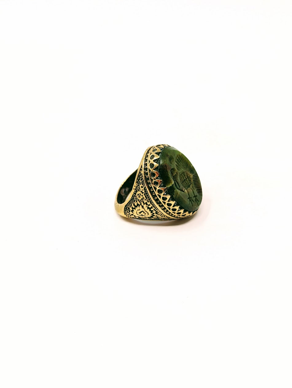 Antique Green Agate Near Eastern Intaglio Bird Ring