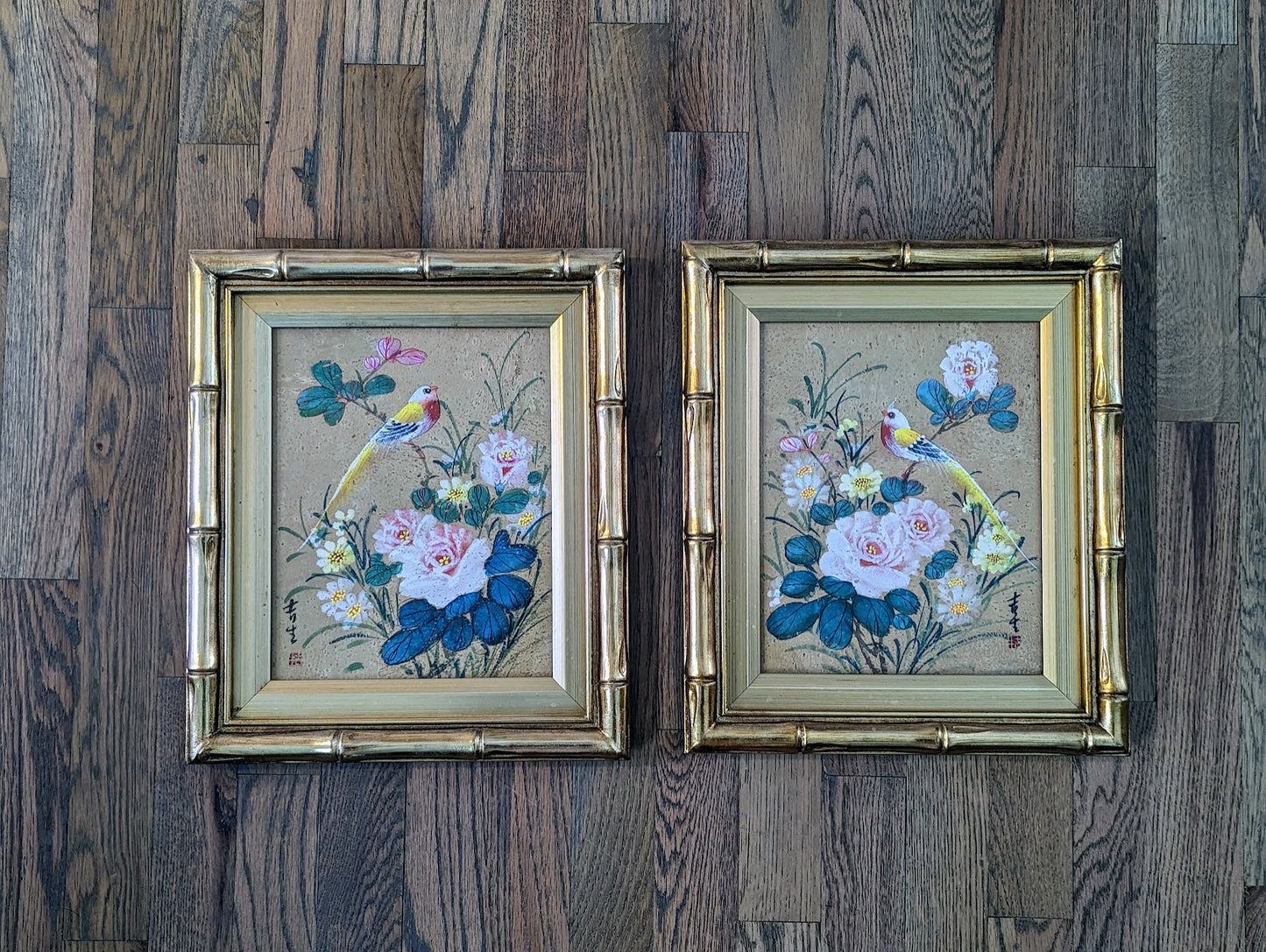 Stunning Pair of Vintage Asian Paintings on Cork Paper | Stamped & Signed
