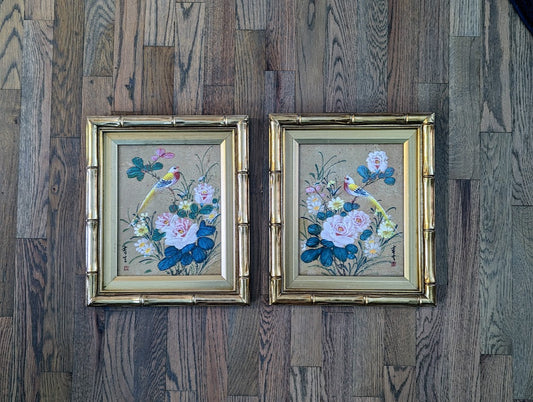 Stunning Pair of Vintage Asian Paintings on Cork Paper | Stamped & Signed