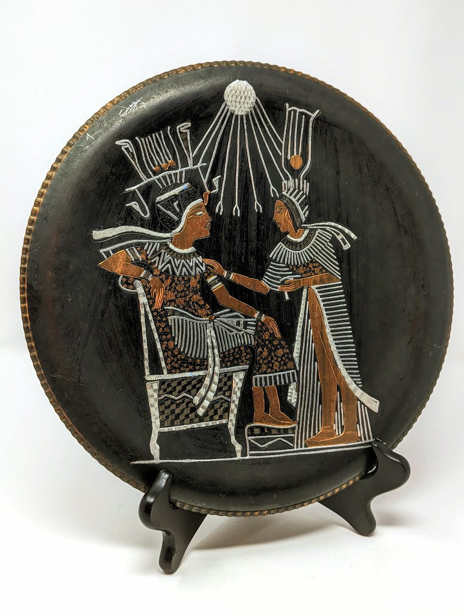 1960s Hammered & Etched Copper Plate with Ancient Egyptian Motif