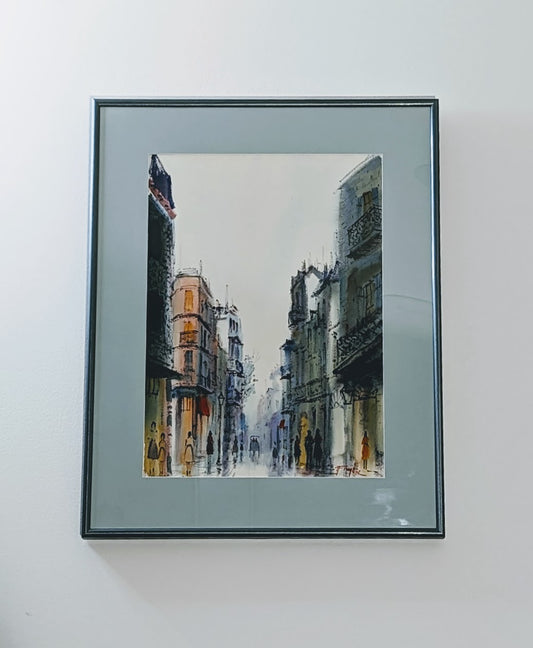 Signed Nestor Fruge Watercolor | French Quarter Street Scene (1975)