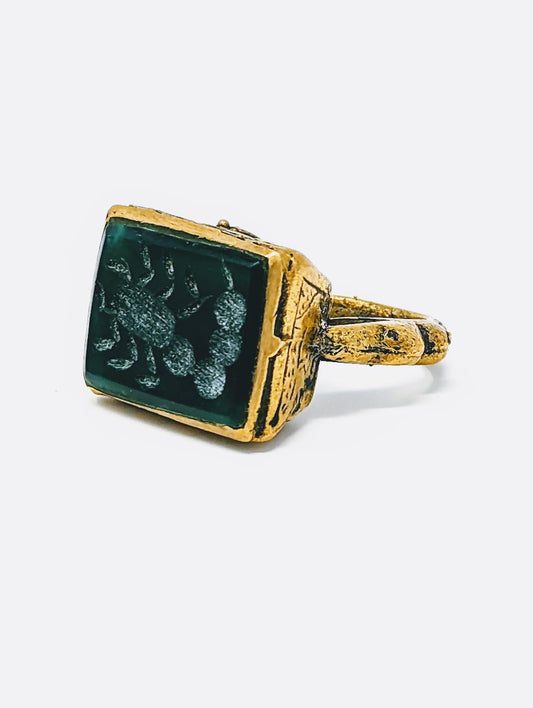 Antique Gold-Gilt Near Eastern Etched Green Agate Scorpion Ring