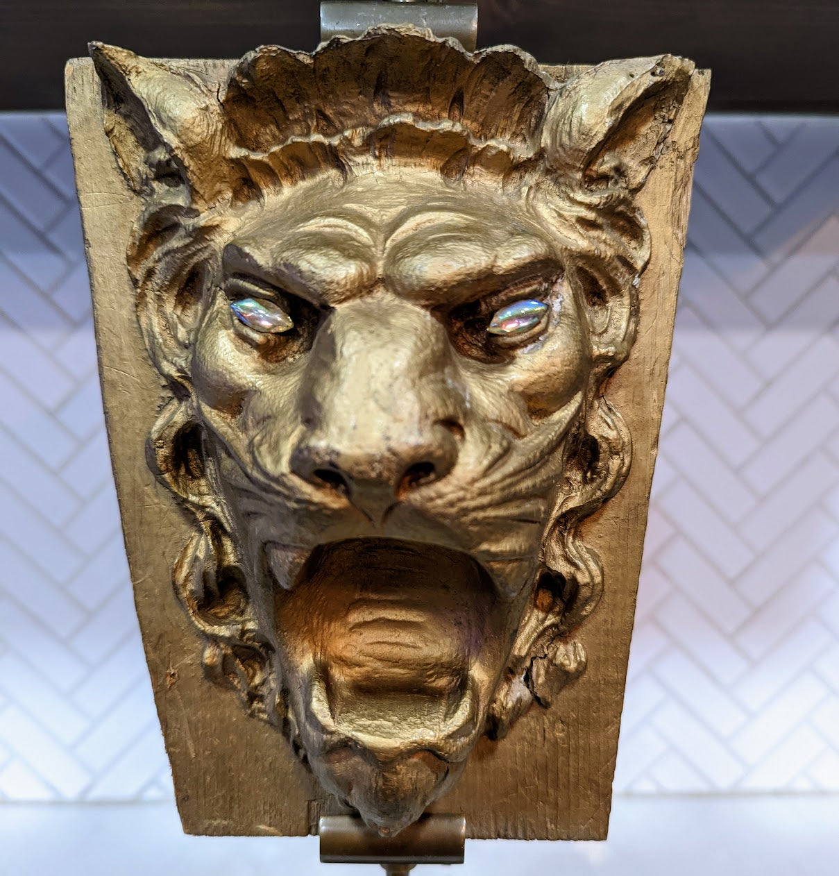 Antique Golden Lion Keystone Sculpture with Opal Glass Eyes