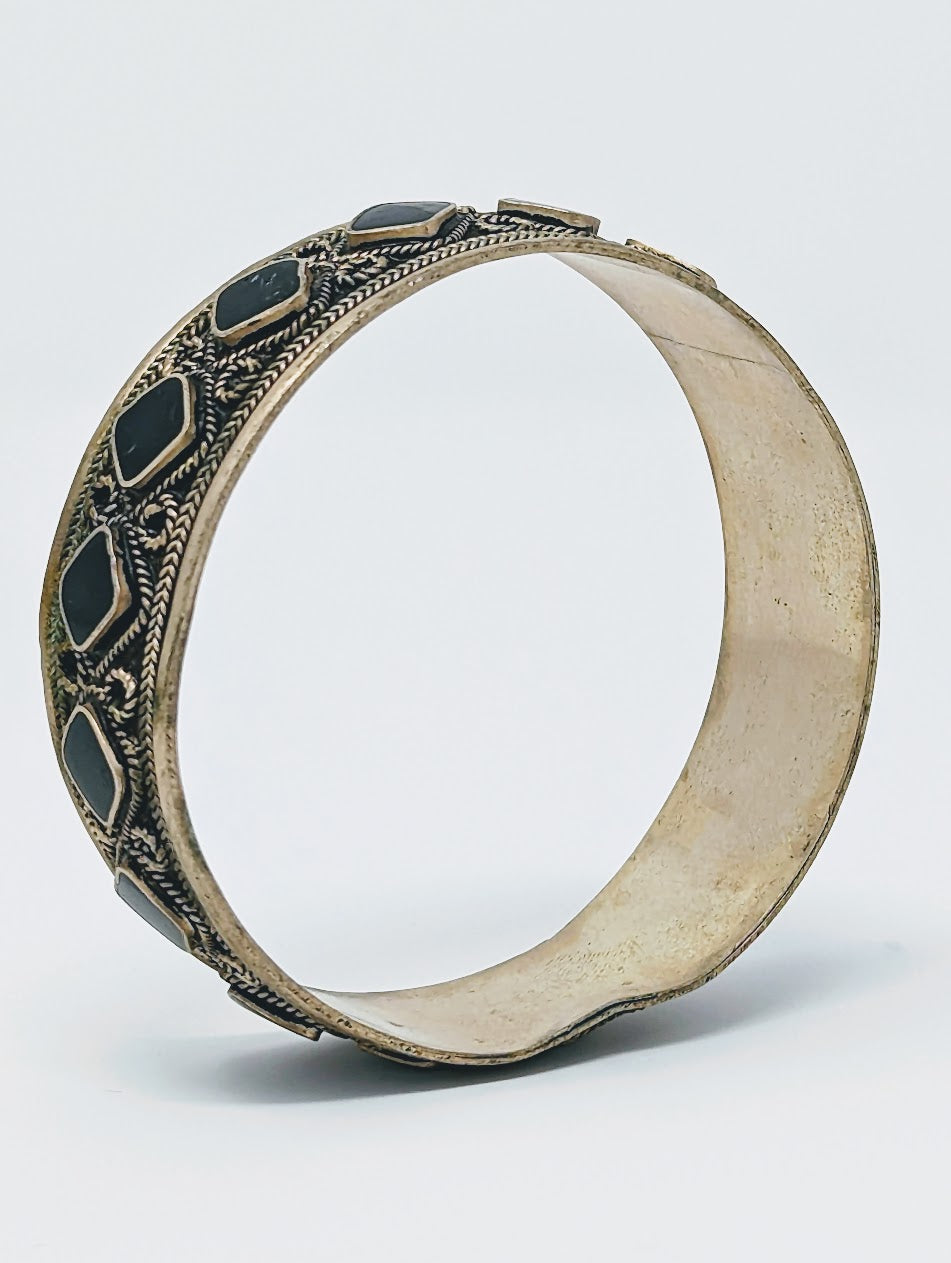 Antique Norse Silver & Black Resin Torc | Diamond & Rope Design