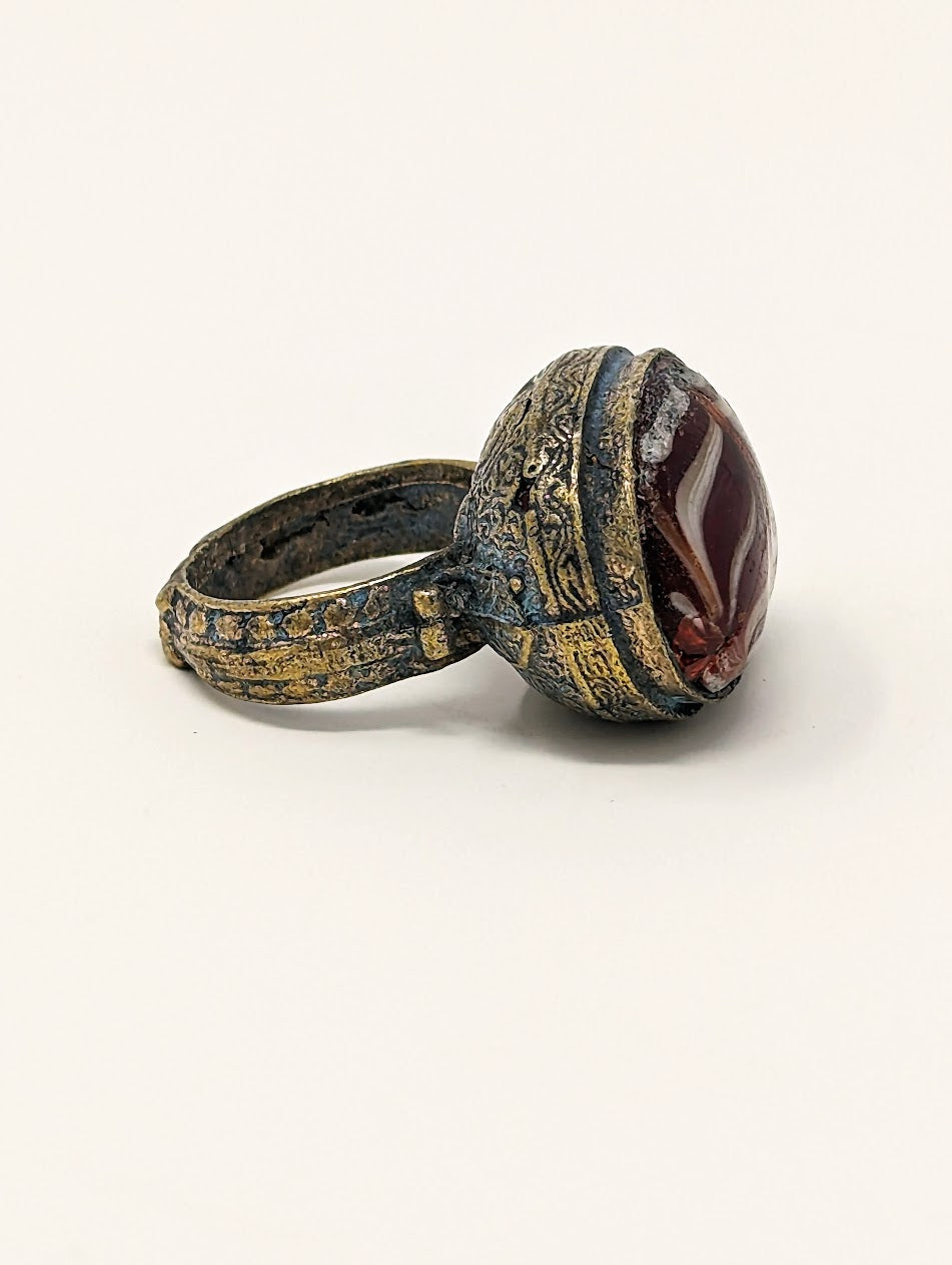 Antique Gold-Gilt Phoenician Ring | Red & White Glass Center-Stone (c. 300 B.C.)